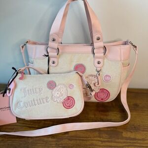 New Juicy Couture Juicy Girls Rule Beige Pink Satchel Wristlet Clutch Handbag